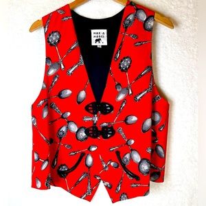 Max & Mabel Vtg Kimono tapestry 100% Silk red spoon pattern Vest Medium